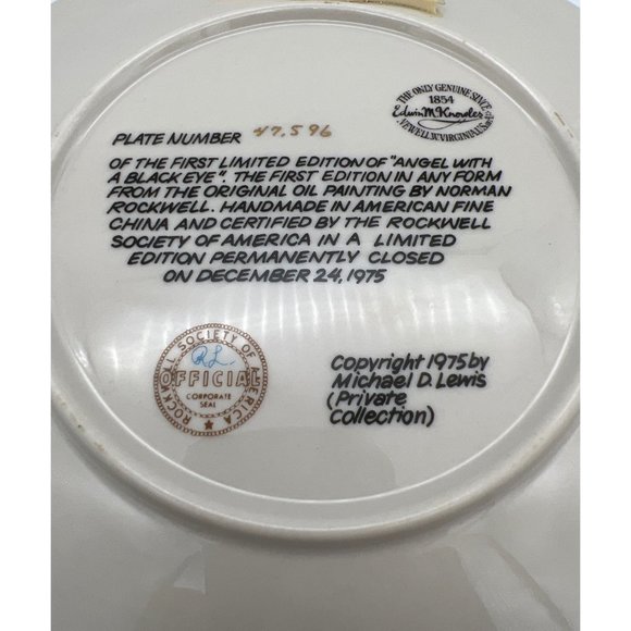 1975 Norman Rockwell Christmas Plate Edwin M Knowles 8.25" Angel w/ Black Eye - Picture 4 of 5